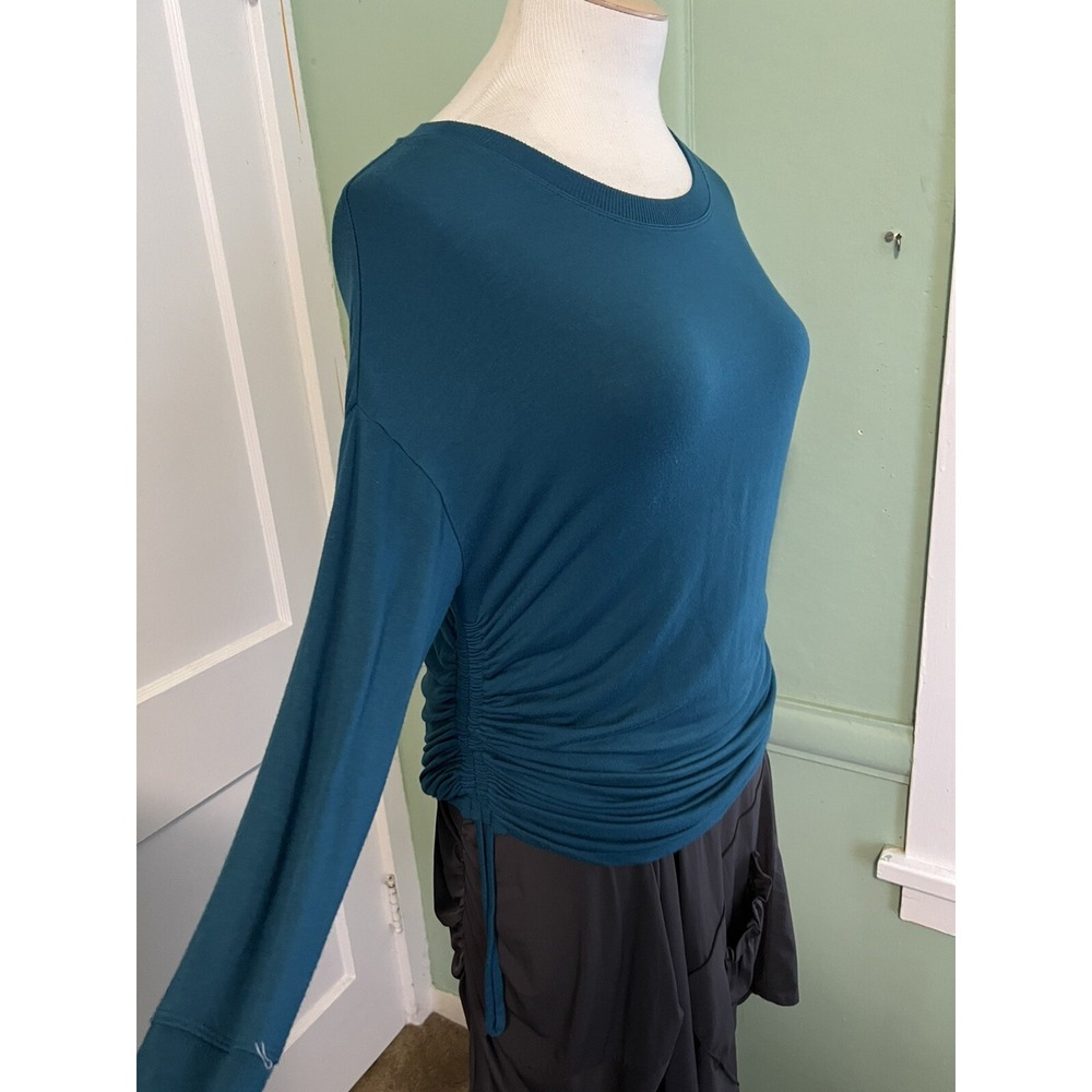 Athleta Teal Drawstring Sides Modal Knit Round Neck Sweater Top W/Thumb Holes S